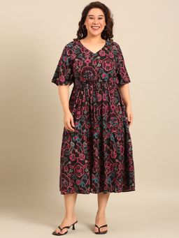 THE PINK MOON - Black Abstract V-Neck Dress with Waist Tie