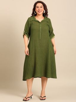 THE PINK MOON - Green Checks Collar Neck Dress