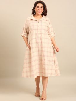 THE PINK MOON - Off White Checks Collar Neck Dress