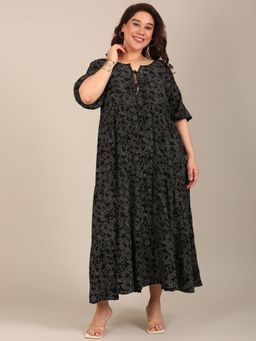 THE PINK MOON - Black Printed Round Neck Dress with Tie Neck