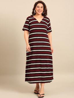 THE PINK MOON - Brown Stripes V-Neck Dress