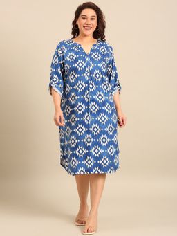 THE PINK MOON - Blue Printed Mandarin Neck Dress