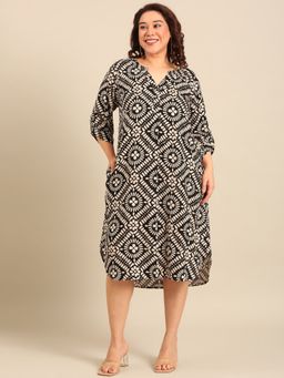 THE PINK MOON - Black Printed Mandarin Neck Dress