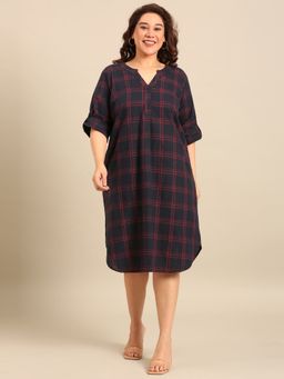 THE PINK MOON - Navy Blue Checks V-Neck Dress