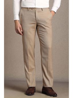 Louis Philippe - Men Beige Textured Flat Front Formal Trousers