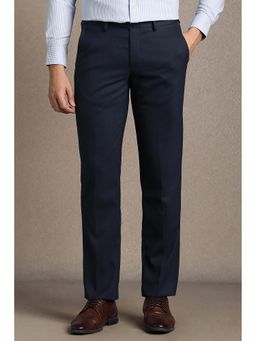 Louis Philippe - Men Navy Blue Textured Flat Front Formal Trousers