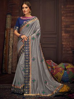 Odette - Grey Cotton Silk Designer Saree with Unstitched Blouse