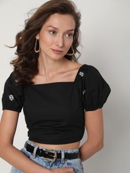 VERO MODA - Women Embroidered Black Top