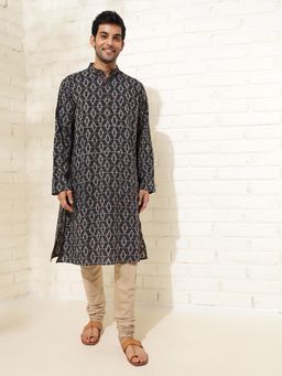 Fabindia - Black Cotton Ajrakh Comfort Fit Calf Length Kurta