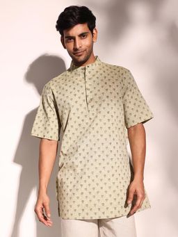 Fabindia - Sage Green Cotton Hand Block Print Regular Fit Short Kurta