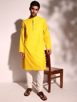 Fabindia - Yellow Cotton Solid Comfort Fit Knee Length Kurta