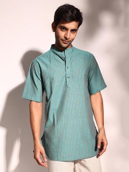 Fabindia - Green Cotton Vertical Stripes Regular Fit Short Kurta