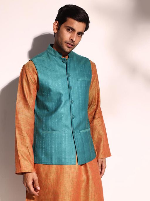 Fabindia Teal Viscose Silk Woven Nehru Jacket