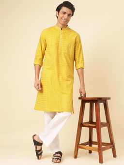 Fabindia - Yellow Cotton Ikat Printed Long Kurta