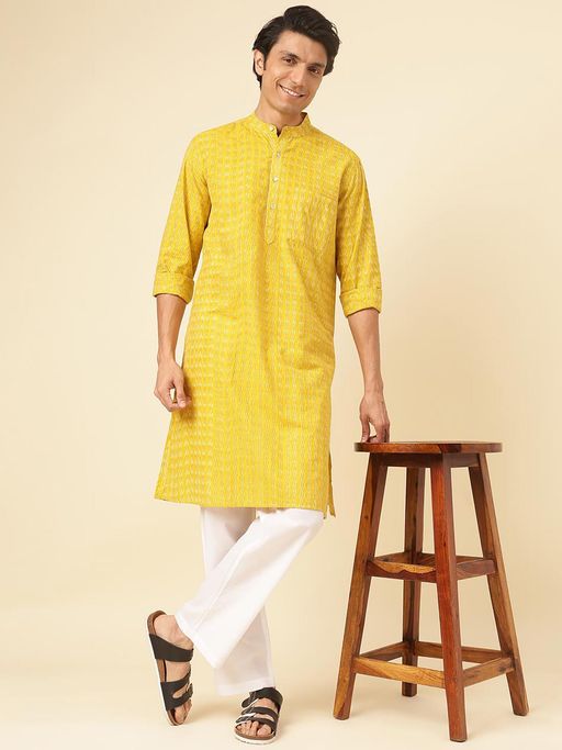 Fabindia Yellow Cotton Ikat Printed Long Kurta