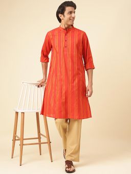 Fabindia - Orange Cotton Blend Striped Long Kurta