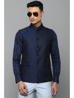 Louis Philippe - Men Navy Blue Textured Slim Fit Party Nehru Jacket