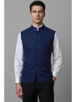 Louis Philippe - Men Navy Blue Check Slim Fit Party Nehru Jacket