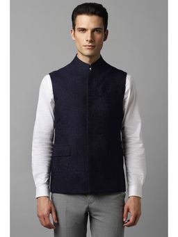 Louis Philippe - Men Navy Embroidered Slim Fit Party Nehru Jacket