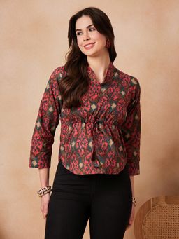 InWeave - Coral Red Printed Shawl Neck Top