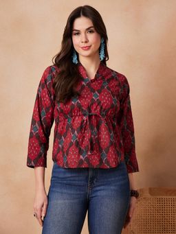 InWeave - Red Printed Shawl Neck Top