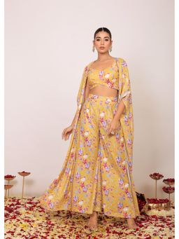 Kaori By Shreya - Yellow Floral Co-ords with Sweetheart Tube Top, Pant & Shrug (Set of 3)