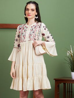 Globus - Women Off White Geometric Embroidered Poly Silk Mandarin Collar Flared Dress