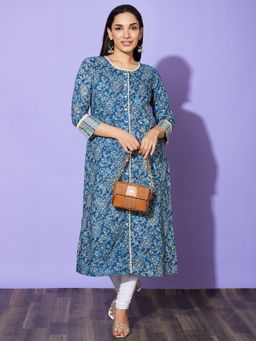 Globus - Women Blue Floral Print Round Neck Cotton Casual A-Line Kurta