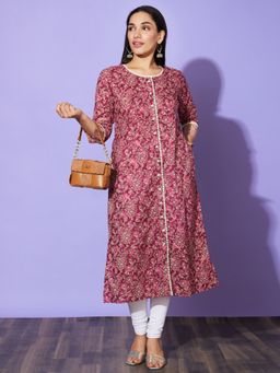 Globus - Women Wine Floral Print Round Neck Cotton Casual A-Line Kurta