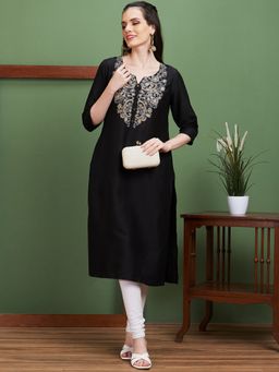 Globus - Women Black Embroidered Yoke Polyester Round Neck Casual Straight Kurta