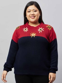 Club York - Navy Blue Embroidery Color Block Plus Size Sweater
