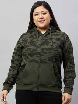 Club York - Olive Printed Plus Size Zipper Sweatshirt
