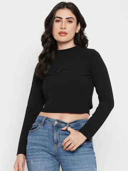 Madame - Women Black Crop Top With Full Sleeve