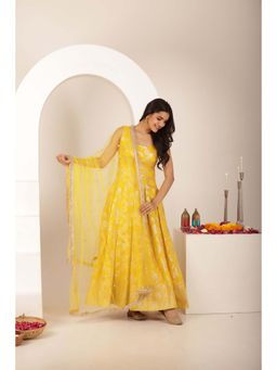 DEASHA INDIA - Akshara Yellow Brocade Anarkali with Pant and Dupatta (Set of 3)