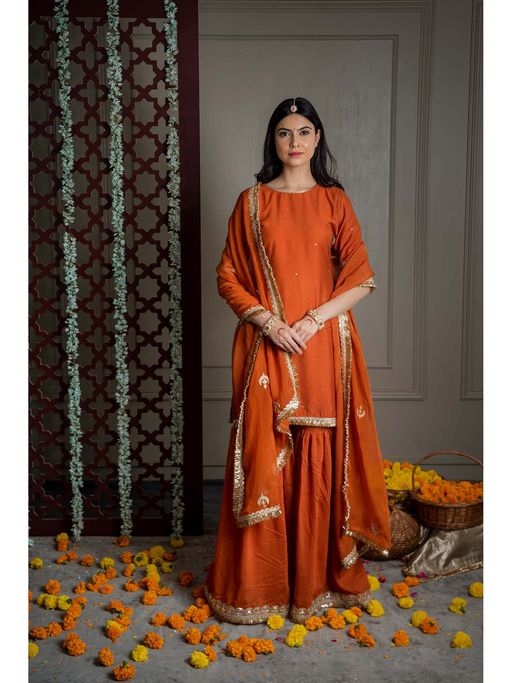 SHOP GULMOHAR Saanjh Burnt Orange Sharara with Kurta and Dupatta (Set of 3)
