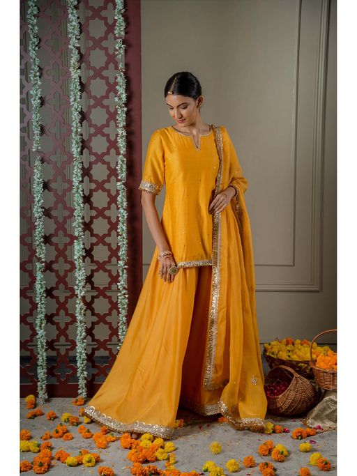 SHOP GULMOHAR Hoor Mustard Yellow Sharara with Kurti and Dupatta (Set of 3)