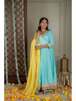 SHOP GULMOHAR - Alina Sky Blue Anarkali with Palazzo and Dupatta (Set of 3)