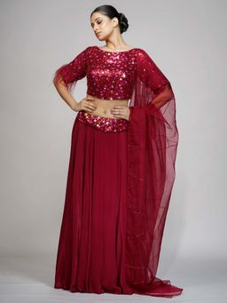 Shruti S - Red Sequin Lehenga (Set of 3)