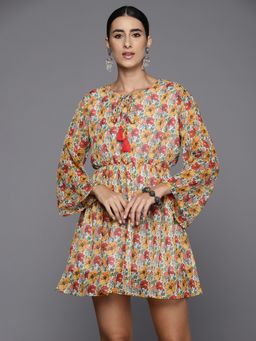 Indo Era - Yellow Floral Printed Tie-Up Neck A-Line Dress