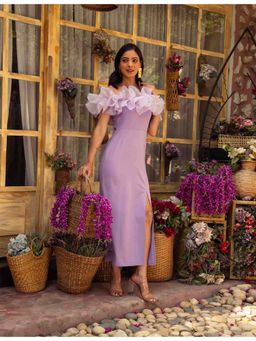 Golden Mirror Fashion - Lavender Lycra Ruffled Neck Plain Bodycon Dress