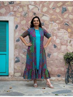 Golden Mirror Fashion - Blue Rayon Round Neck Floral Flared Dress and Shrug