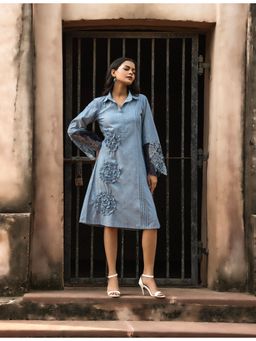 Golden Mirror Fashion - Blue Chambray Collar Neck Patch A-Line Dress