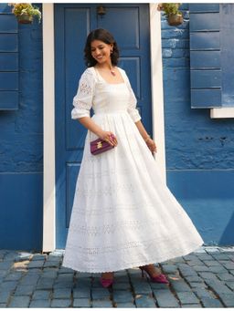 Golden Mirror Fashion - White Knitted Square Neck Plain Flared Dress