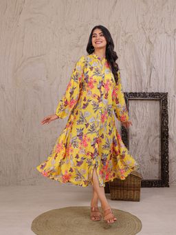 Zari Jaipur - Yellow Floral Printed Cotton Flared Midi Dress