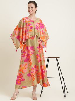 Zari Jaipur - Green Floral Printed Poncho Style Midi Dress