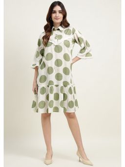 Zari Jaipur - Green Cotton Polka Dots Printed Midi Shirt Dress
