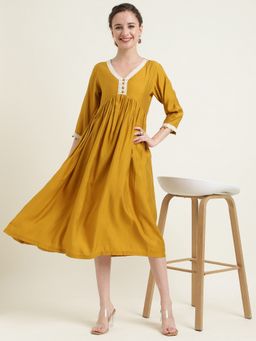 Zari Jaipur - Gold Cotton Empire Midi Dress