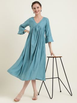 Zari Jaipur - Green Cotton Bell Sleeves Empire Midi Dress