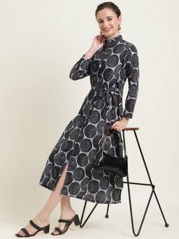 Zari Jaipur - Black Cotton Geometric Printed Midi Shirt Dress
