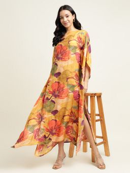 Zari Jaipur - Yellow Floral Printed Cotton Kaftan Dress